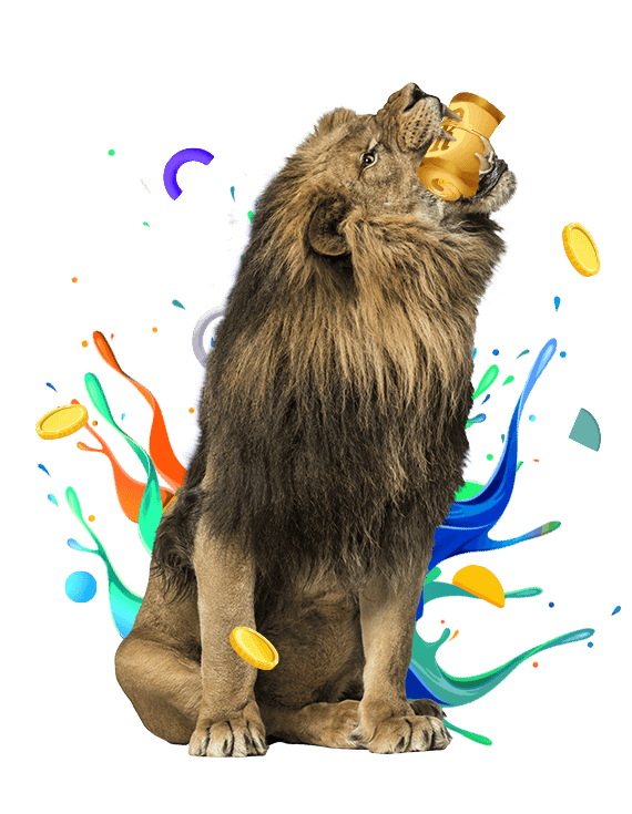 A lion with a great mane holding a roll of cash in his mouth and casino chips flying around